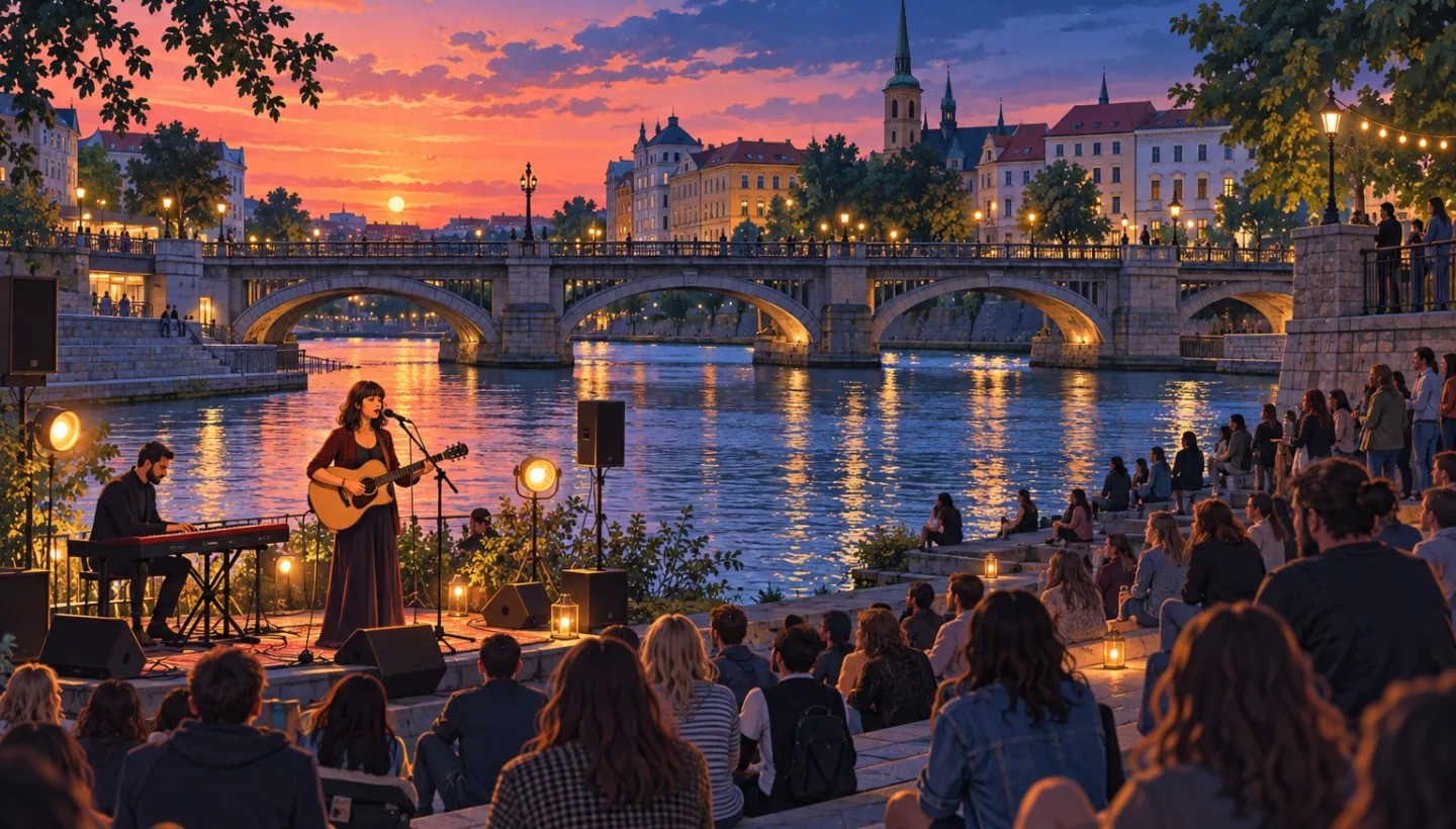 Illustration eines Abendkonzerts an der Radbuzská náplavka bei Trojmostí in Pilsen