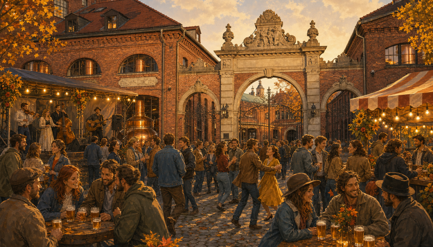 Мультяшний Pilsner Fest біля впізнаваних історичних воріт пивоварні у Плзні