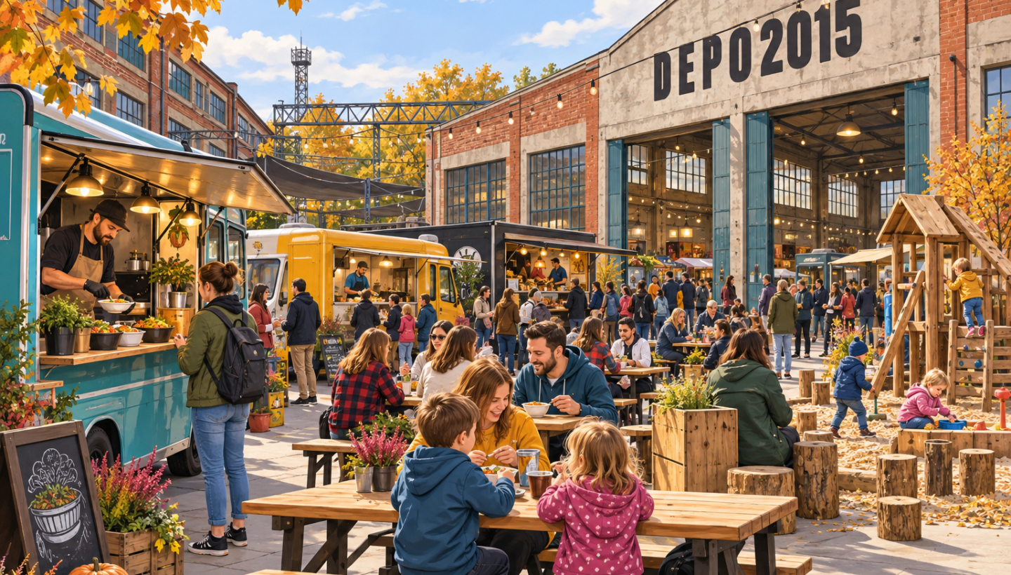 Мультяшна ілюстрація міжнародного street food market у промисловому дворі DEPO2015