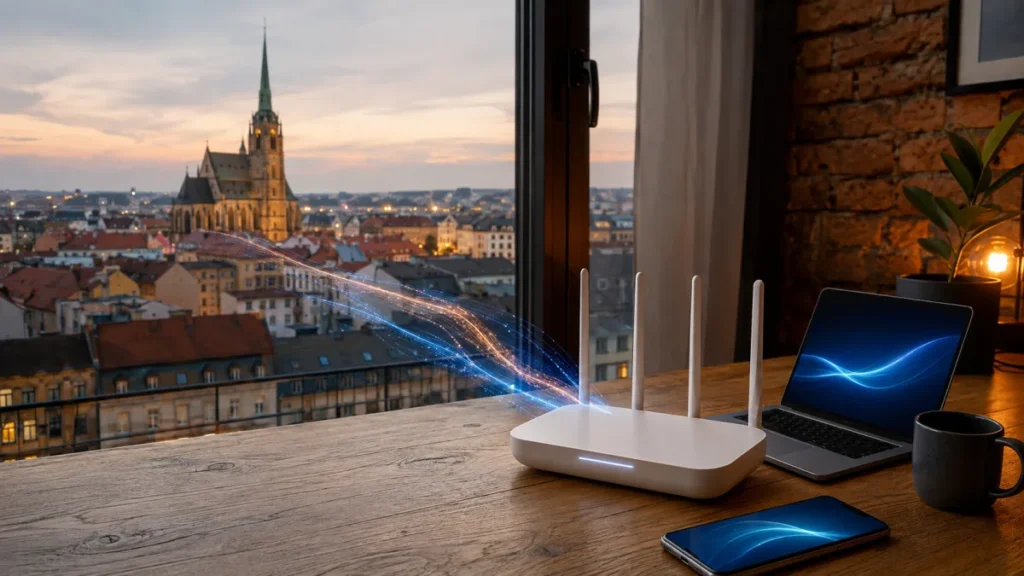 Домашній Wi-Fi-роутер на тлі вечірнього Плзня — тематична ілюстрація