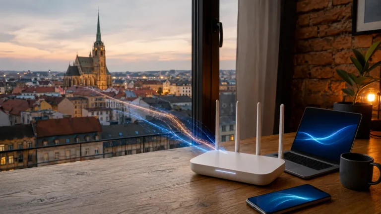 Домашній Wi-Fi-роутер на тлі вечірнього Плзня — тематична ілюстрація