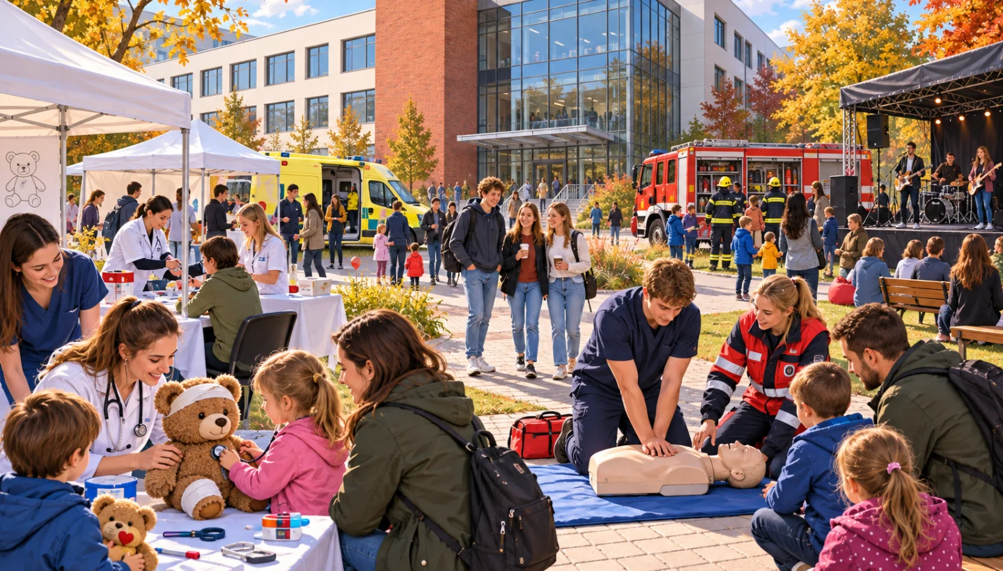 Illustration eines Medizin-Familienfestivals auf dem modernen Campus der Medizinischen Fakultät in Pilsen