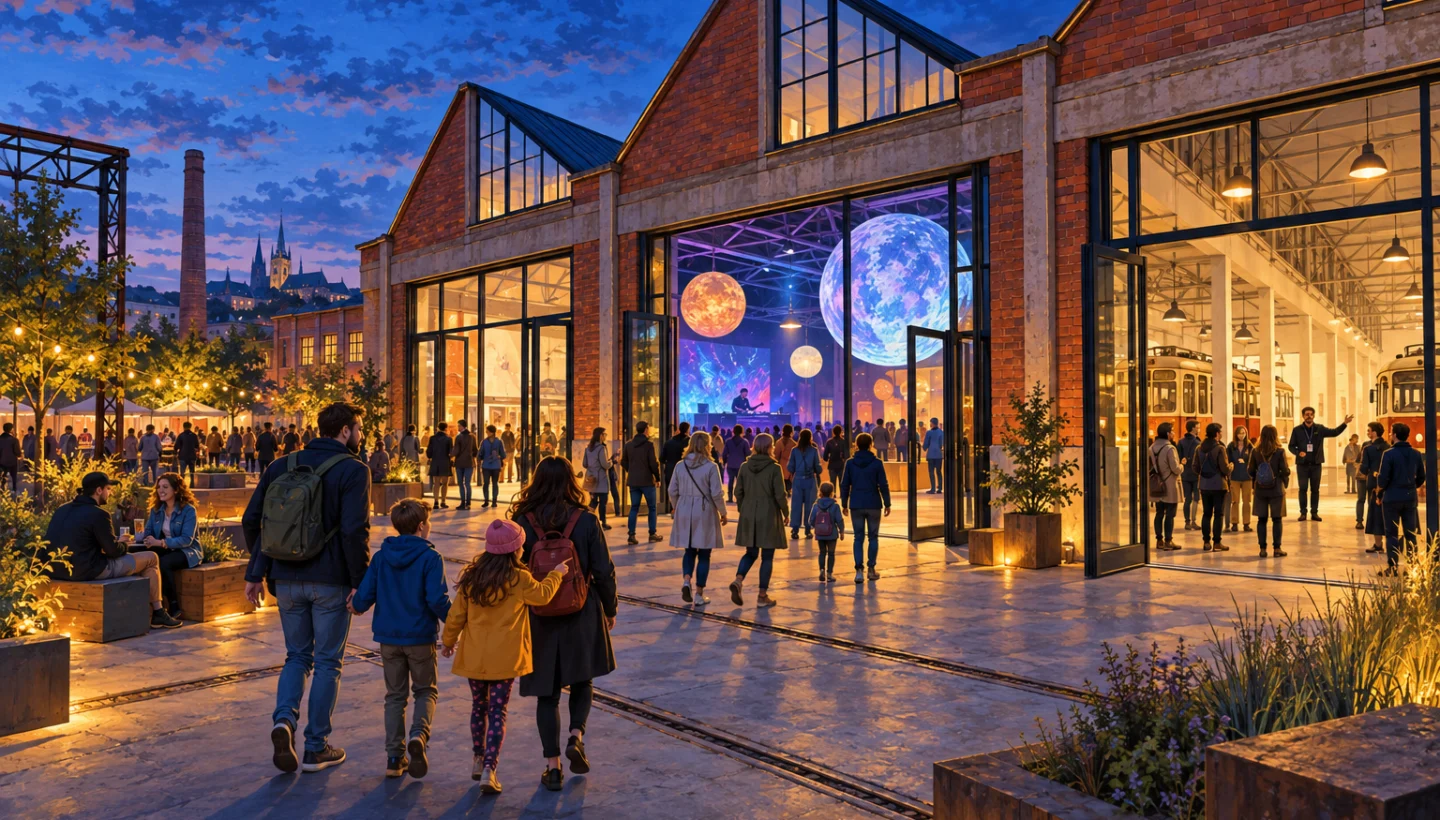 Illustration of the reopening of the renovated DEPO2015 industrial venue in Pilsen