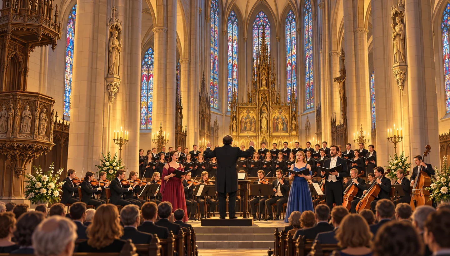 Ilustrace sboru a orchestru při provedení Mozarta v gotické katedrále svatého Bartoloměje v Plzni
