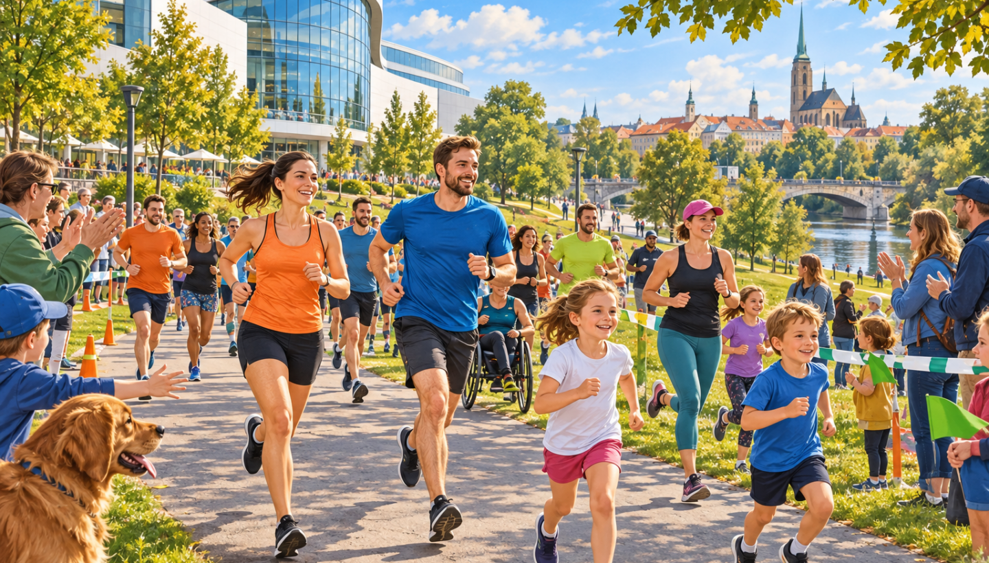 Мультяшна ілюстрація сімейного забігу в парку біля OC Plzeň Plaza