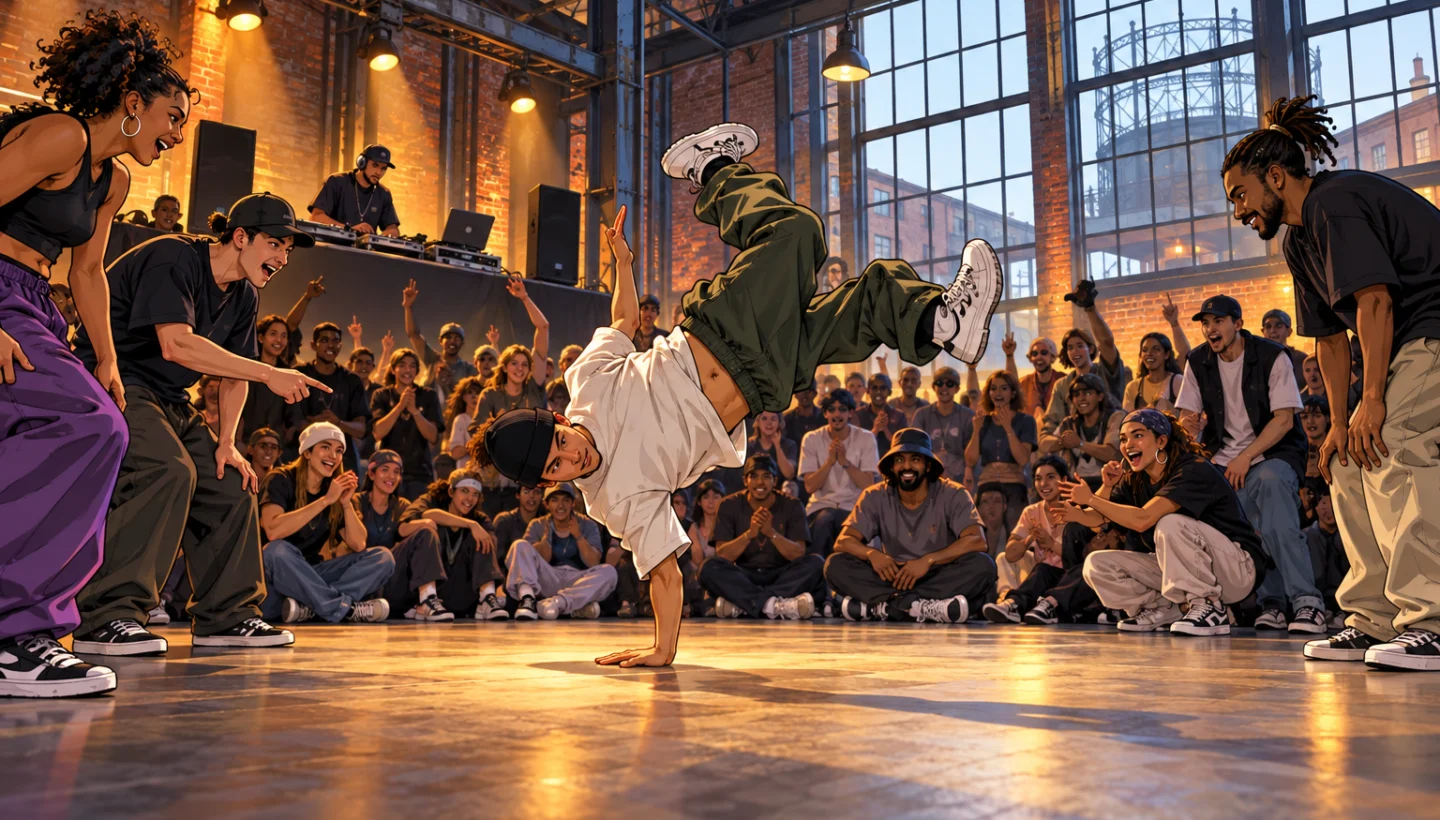 Illustration eines Breakdance-Battles in einer großen Industriehalle DEPO2015