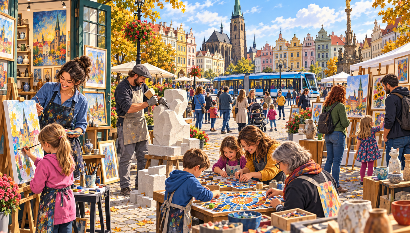 Мультяшно-реалістична ілюстрація відкритих мистецьких майстерень на площі в Плзні