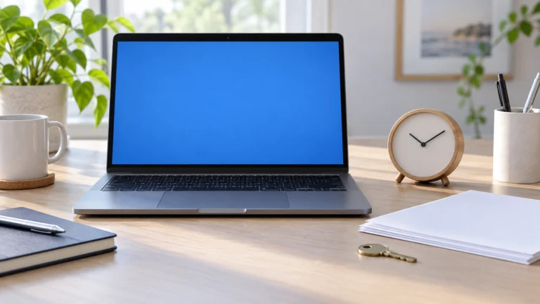 Conceptual AI illustration of a laptop, clock and key for online login maintenance.