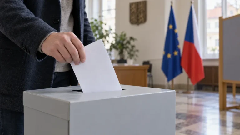 Ілюстрація: виборець опускає порожній бюлетень до скриньки на тлі прапорів ЄС і Чехії