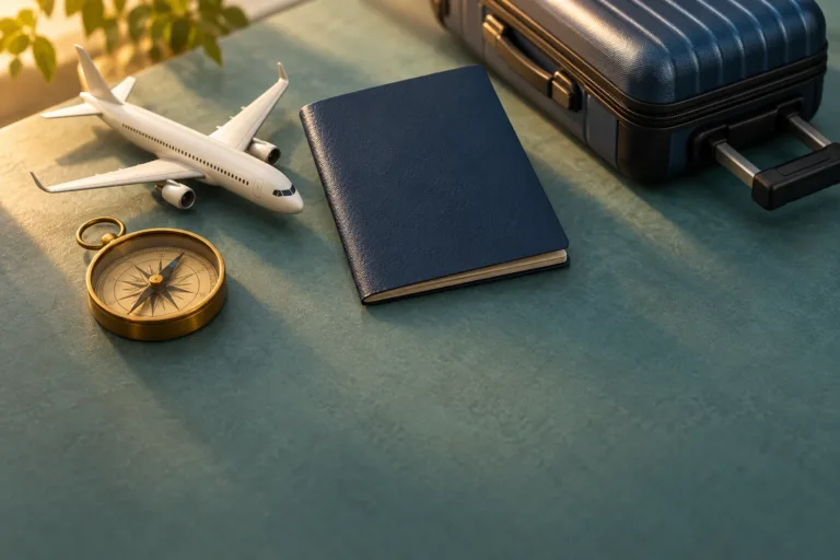 Валіза, чиста паспортна книжечка, модель літака та компас; концептуальна ШІ-ілюстрація