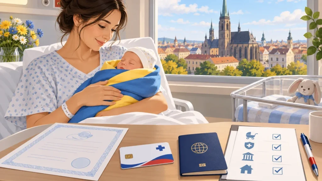 Мама з новонародженою дитиною у Плзні та документи для оформлення після пологів — тематична ілюстрація
