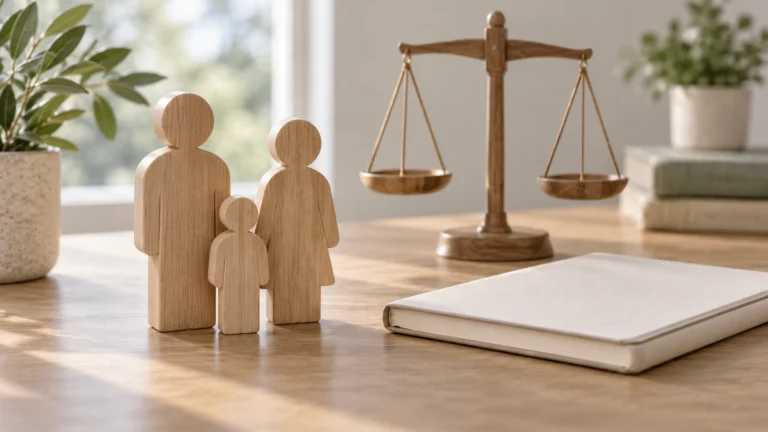 Conceptual AI illustration of child protection and proposed family law with wooden figures and a balance.