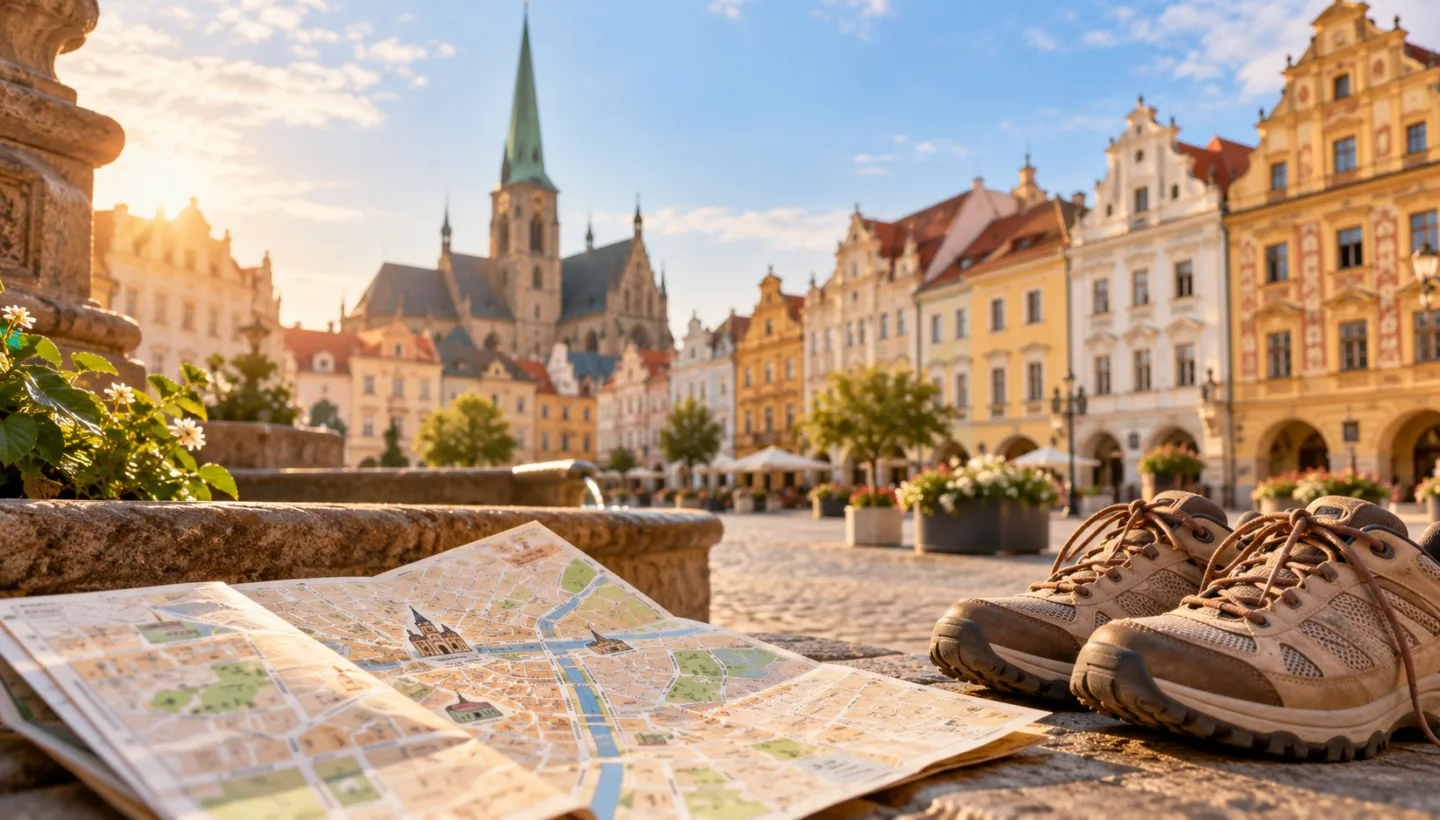 ШІ-ілюстрація міської карти й історичних вулиць; не фото екскурсії