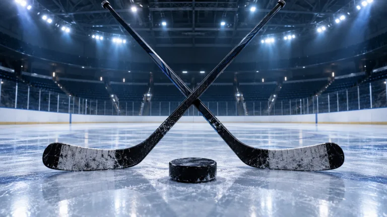 Conceptual hockey puck and sticks in an empty arena; not a match photograph