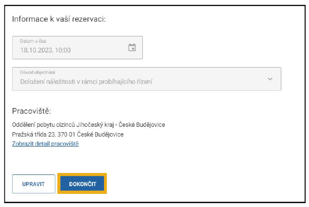 Офіційний приклад IPC: підсумок резервації, адреса відділення та кнопка Dokončit