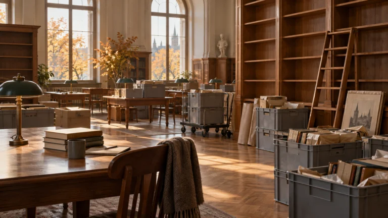Conceptual AI illustration of a library reading room with book crates before renovation