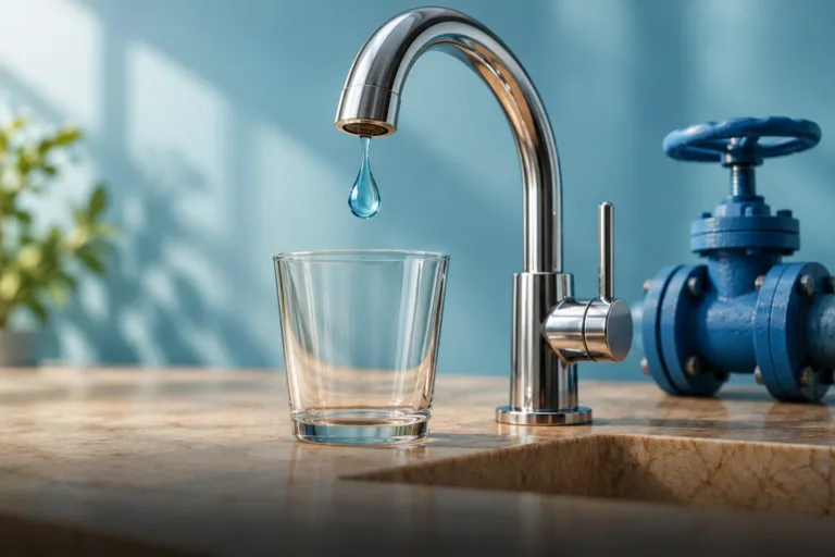 Ілюстрація крана, краплі води та порожньої склянки