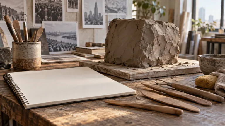 Conceptual unformed clay and sculpting tools; not a proposed Patton sculpture