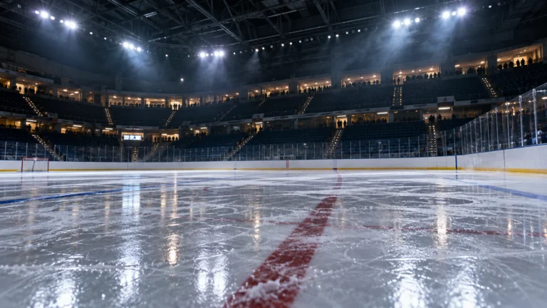 Conceptual AI illustration of an ice hockey arena, not a photograph of the Pilsen match