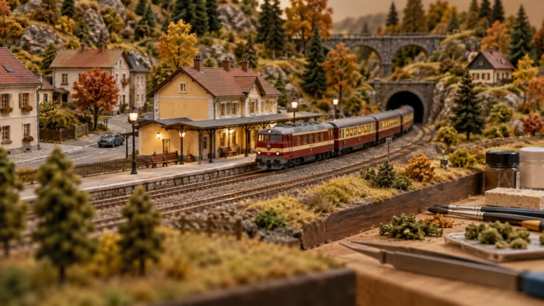 Conceptual miniature railway with an autumn landscape and model-making tools; not the actual Pilsen club layout