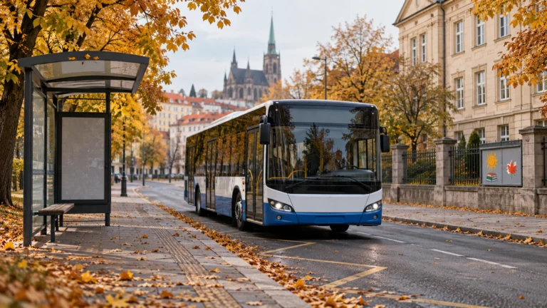 Концептуальна ШІ-ілюстрація міського автобуса на осінній вулиці
