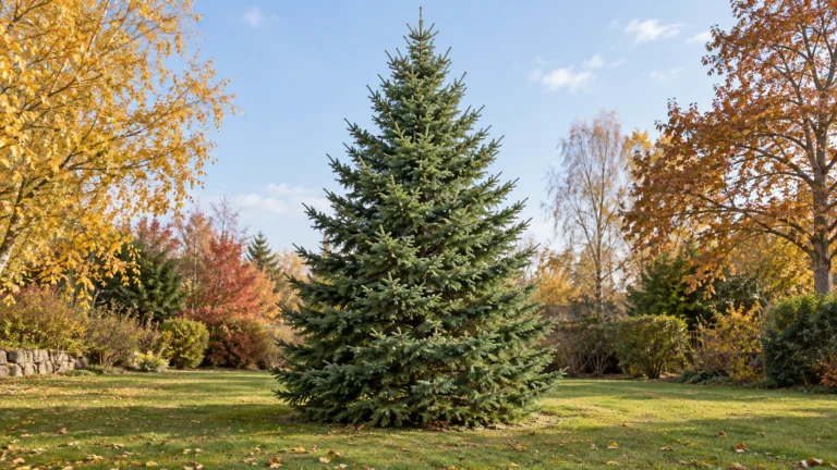 Conceptual conifer in an autumn garden