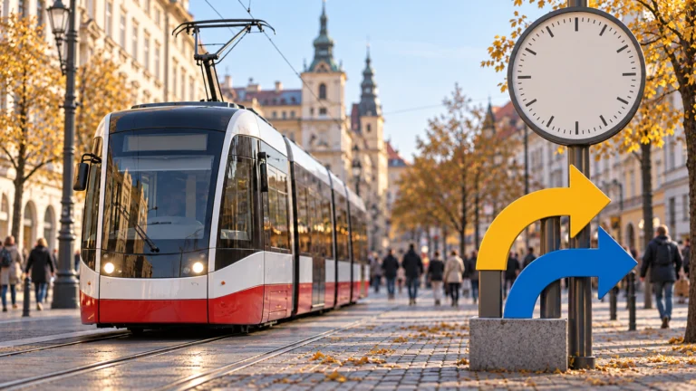 Conceptual tram and arrows illustrating autumn transit diversions