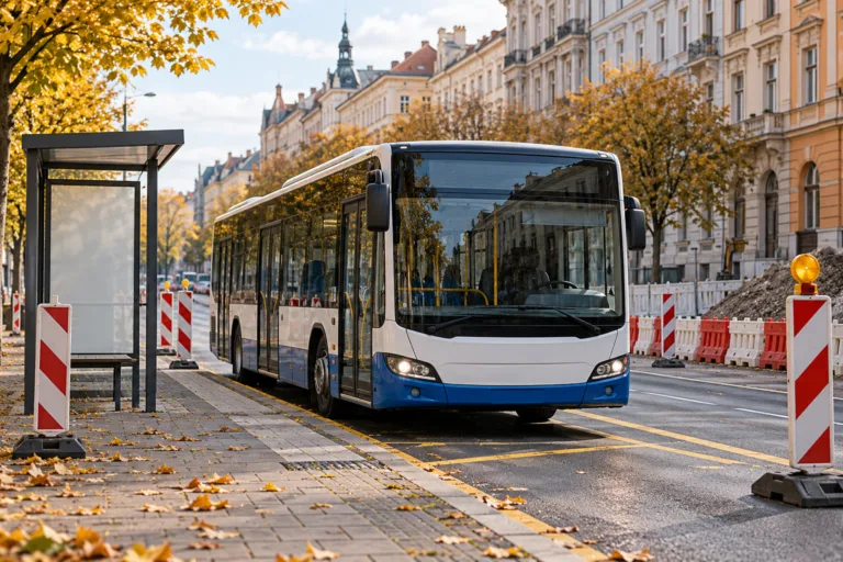 Концептуальна ШІ-ілюстрація автобуса біля тимчасової зупинки; не фото об’їзду