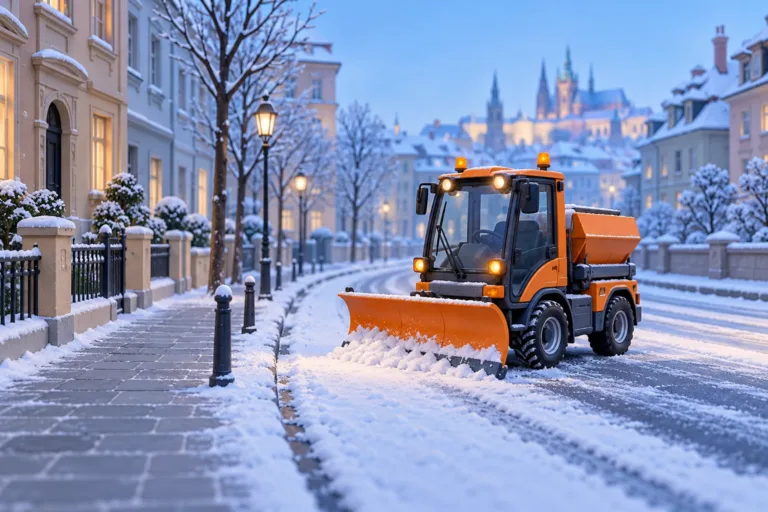 Thematic AI illustration of an orange snowplough and cleared pedestrian pavement; not an actual snow event or TSK vehicle.