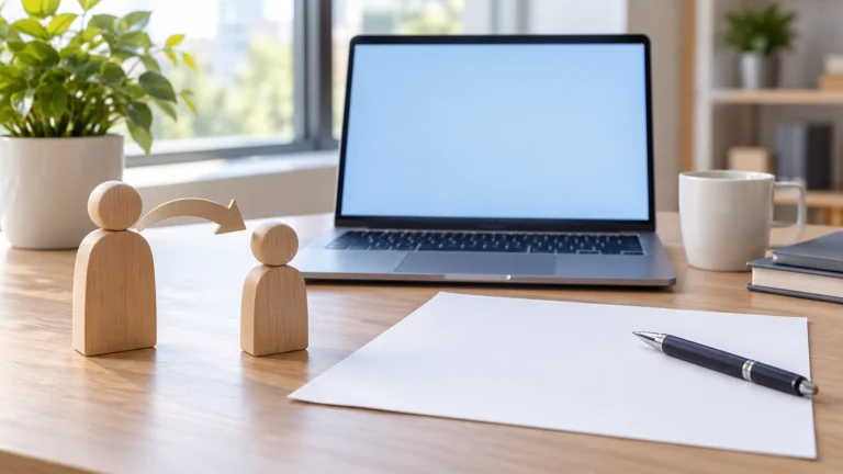 Conceptual AI illustration of digital authorisation with a laptop and two wooden figures.