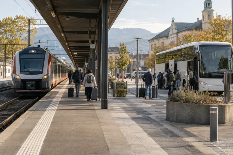 Conceptual AI illustration of a train and replacement coach near a railway station