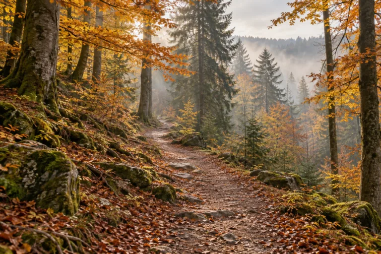 Conceptual AI illustration of an autumn forest path; not a specific opened route