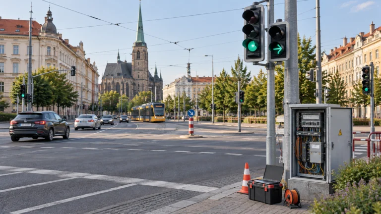 Conceptual AI illustration of traffic lights and a signal controller at a city junction