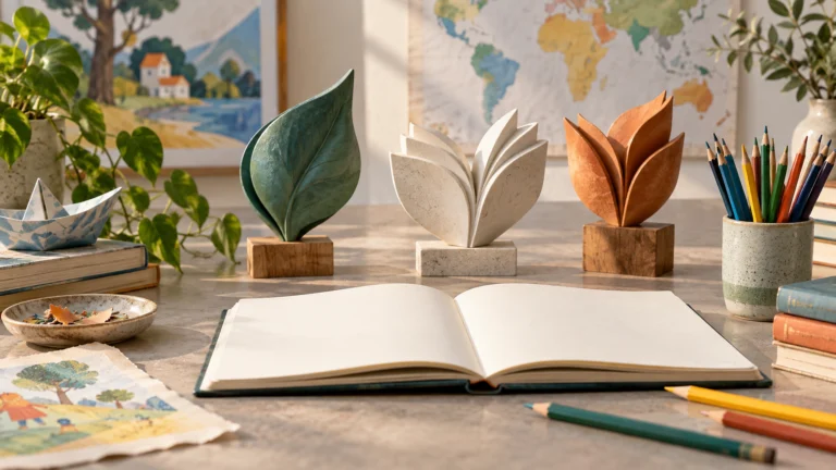 Conceptual AI illustration of a sketchbook, pencils and abstract sculptures; not the actual Trnka award.