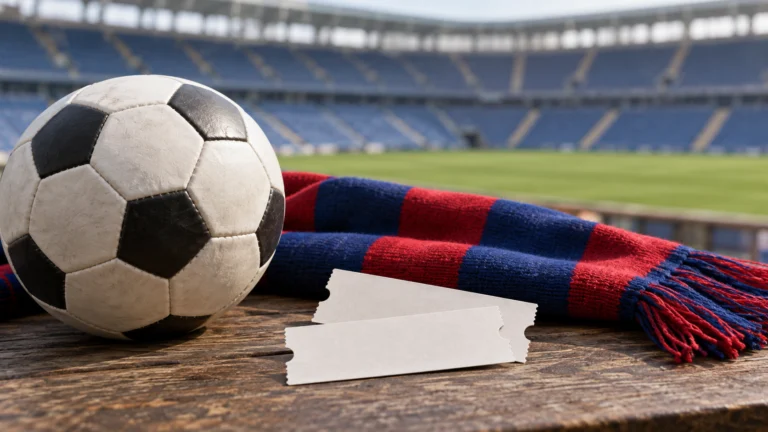 Conceptual AI illustration: a football, blank tickets and a red and blue scarf.